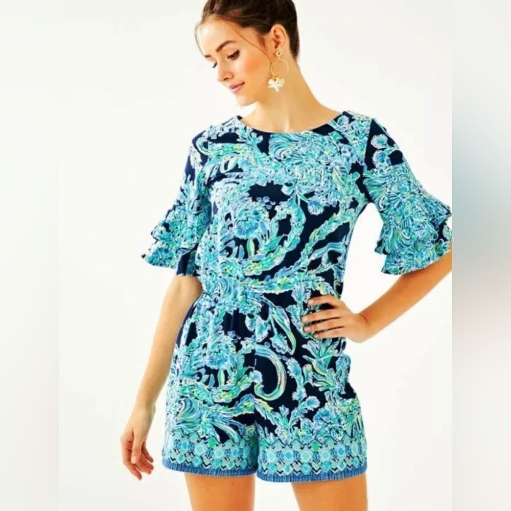 Lilly Pulitzer Lula Romper High Tide Navy Scuba Doo Engineered Romper Sz XS EUC